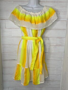 Lemlem Womens Off The Shoulder Tie Waist Mini Dress in Orange and Yellow Size L